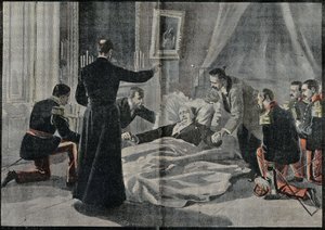 Śmierć Felixa Faure (1841-1899), prezydenta Francji Abbe Renault dała mu rozgrzeszenie. Grawerowanie w „Le Pelerin”” 26.02.1899. autorstwa French School