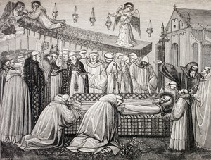 Śmierć św. Benedykta z Nursji w opactwie Monte Cassino, z książki "Military and Religious Life in the Middle Ages" autorstwa Paula Lacroix, wydanej w Londynie ok. 1880 r. autorstwa French School