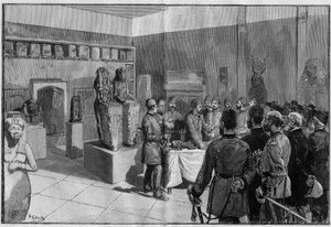 Depoument Mumii Sesostrisa (Rhamzes II) w Musee de Boulaq (Kair, Egipt) przez Gastona Maspero w obecności chedywa Tewfika. Grawer w „The Illustrious World” 1886. autorstwa French School