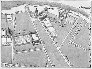Dzielnica College des Quatre Nations (Cztery Narody) i hotel Conti-Fac-Simile w planie J. de la Caille autorstwa French School