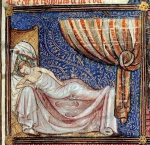 Sen, szczegóły: Śpiący kochanek. Miniatura w "Le Roman de la rose" autorstwa Jean de Meun, Jean de Meung lub Jean Chopinel, Jean Clopinel (v.1240-1305), ok. 1370. Chantilly, Musee Conde autorstwa French School