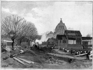 Miejsce robót ziemnych pod instalację monumentalnej fontanny w Paryżu na wystawę światową w 1889 roku. autorstwa French School