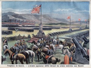 Zakończenie japońskiego konfliktu rosyjskiego, zwycięska armia japońska siedzi przed rosyjskim przejęciem broni, w „Le Petit Parisien”, 24.06.1906 (rycina) autorstwa French School