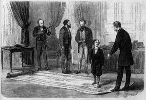 Inżynier Boutet przedstawił swój projekt mostu kolejowego między Francją a Anglią cesarzowi Napoleonowi III (1808-1873), w obecności jego syna Prince Imperial (1856-1879) autorstwa French School