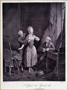 Esej gorsetu (dwóch mężczyzn i jedna kobieta z prążkowanymi piersiami) - XVIII sztych. autorstwa French School