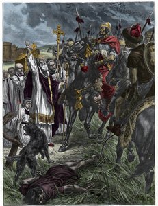 W wigilię św. Loup z Troyes arretes Attila król Hunów przed Troyes - Barbarian Invasions - Grawerowanie według obrazu H. Groberta. autorstwa French School