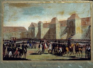 Pożegnanie Napoleona Bonaparte (1769-1821) ma cesarską straż na dziedzińcu Cheval Blanc w Fontainebleau 20.04.1814. Anonimowe malowanie. 1814 Wyspa Aix, muzeum napoleońskie autorstwa French School