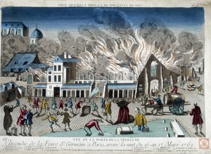 Pożar jarmarku St Germain w Paryżu, noc z 16 na 17 marca 1762 r. - rycina autorstwa French School