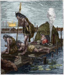 Pierwsi paryżanie, czyli mieszkańcy Lutece (Paryż) (chata na palach) Rycina przedstawiająca „Paryż przez wiek” autorstwa H. Gourdona de Genouillac (1874). autorstwa French School