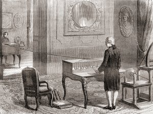 Pierwsza demonstracja w 1774 telegrafu elektrycznego, wynalezionego przez Georges-Louis Le Sage, z Les Merveilles de la Science, opublikowana ok. 1870 (rycina) autorstwa French School
