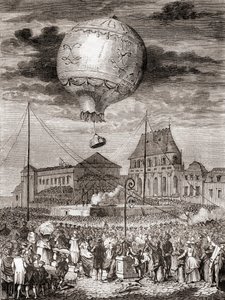 Lot Aérostat Réveillon 19 września 1783 przez braci Montgolfier w Wersalu we Francji, przed królem Francji Ludwikiem XVI i królową Marią Antoniną, z Les Merveilles de la Science, opublikowany ok. 1870 (rycina) autorstwa French School