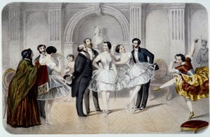 Foyer Opery (Opera Garnier w Paryżu). Tancerka tutu rozmawiająca z panami, którzy przyszli ich powitać lub robiąca kilka kroków do tańca. Rytownictwo autorstwa French School