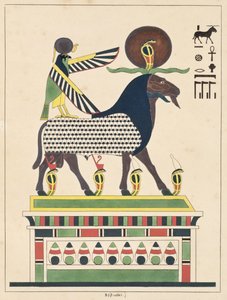 Bóg Amon-Ra, ilustracja z egipskiego Panteonu: zbiór mitologicznych postaci ze starożytnego Egiptu autorstwa Jean-Francois Champollion, wydany ok. 1986 r. autorstwa French School