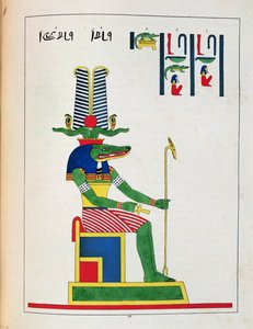 Bóg Sowk, ilustracja z egipskiego Panteonu: zbiór mitologicznych postaci ze starożytnego Egiptu autorstwa Jean-Francois Champollion, wydany ok. 1986 r. autorstwa French School