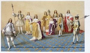 Wielcy dostojnicy koronacji Ludwika XV: markiz de Dreux, marszałek de Villards, książę Harcourt, arcybiskup książę Reims, Ludwik XV, książę Karol Lotaryński, książę Villeroy, książę Armonville - chromo. autorstwa French School