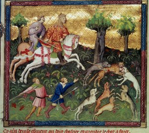 Polowanie na dzikiego kota Miniatura zaczerpnięta z „Księgi łowów” Gastona III Phoebusa, hrabiego Foix, lorda Bearn (1331-1391) autorstwa French School