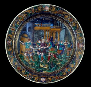 Uwięzienie św. Józefa. Talerz barwiony w emalii wyprodukowany w Limoges w XVI wieku. Paryż, Luwr autorstwa French School
