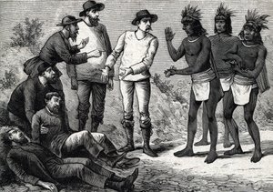 Mieszkańcy Peru pomagają kolonialnym Europejczykom cierpiącym na malarię z Cinchona (rycina) 1888 autorstwa French School
