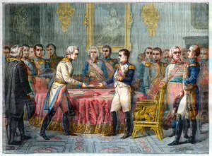 Rozmowa w Erfurcie, 27 września - 14 października 1808 r. - przyjęcie Napoleona I barona Wincentego, austriackiego dyplomatę i wysłannika cesarza Austrii na prawo Aleksandra I Ruskiego (1777-1825) - Zgromadzenie książąt w Erfurcie 27 września 1808 r. ( Nap autorstwa French School