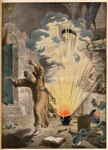 Wynalezienie prochu przez niemieckiego mnicha i alchemika Bertholda Schwartza (ok. 1318-1384) - Znamienite wynalazki. Proszek. Ilustracja do Le petit Journal, 27 stycznia 1901. autorstwa French School