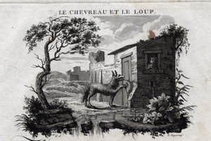 Dzieciak i wilk. Bajka o Esope. (Grecki pisarz Esopo lub Ecopus, VI wpne) Napisane przez Guillaume Montfort i Gravees przez Beauble w 1801 roku. autorstwa French School