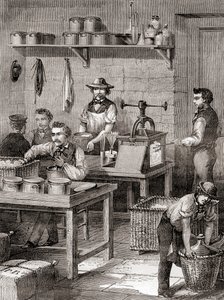 Produkcja bawełny strzelniczej w XIX wieku z Les Merveilles de la Science, opublikowana ok. 1870 r. (rycina) autorstwa French School