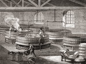 Produkcja mydła w dużych zbiornikach w XIX wieku, z "Les Merveilles de la Science", opublikowanego ok. 1870 r. (rycina) autorstwa French School