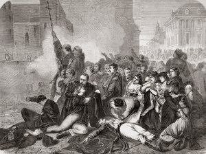 Masakra ludności cywilnej na Placu Zamkowym w Warszawie 8 kwietnia 1861 przez piechotę i kawalerię rosyjską, z "L"Univers Illustré", 1866 autorstwa French School