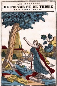 Nieszczęścia w ich miłości Pyramus (Pirame) i Thisbe, opowiedziane przez Owidiusza w „Metamorfozach”. Obraz Epinal autorstwa French School