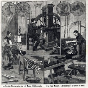 Nowe monety francuskie w przygotowaniu mają monety i etapy produkcji (typowanie monetarne, stemplowanie i mycie monet). W „Małym Paryżu” autorstwa French School