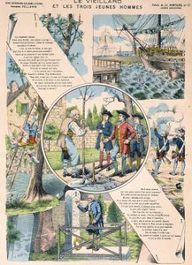Starzec i trzej młodzi mężczyźni - Fables de La Fontaine na obrazach Epinal autorstwa French School