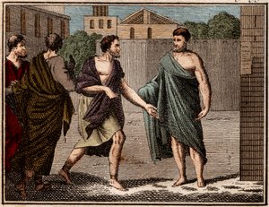 Ostracyzm Arystydesa Sprawiedliwego (ok. 530–468 p.n.e.), starożytnego greckiego (ateńskiego) żołnierza i męża stanu. autorstwa French School