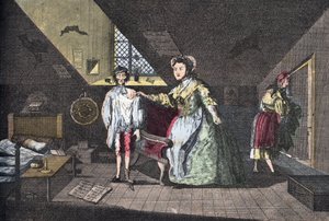 Pobożny krawiec przyłapany na cudzołóstwie. Grawerowanie kapusty z 1768 roku w „Lire Et Galanterie”. Tygodniowy zbiór obrazów Galantes w reżyserii Johna Grand-Cartereta. 1903-1904. autorstwa French School