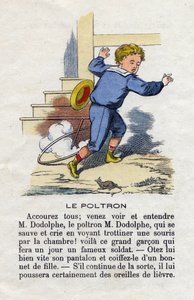 Poltron. Dziecko grające w obręcz przestraszone myszką. Mały alfabet chłopców. Abecedary ma wartość moralną i zawiera ćwiczenia z czytania. Obrazowanie epinal pod koniec XIX wieku autorstwa French School