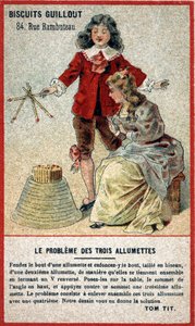 Problem trzech dopasowań: kartka dla dzieci oferująca grę w formie puzzli (zgadywanie). Chromolitografia XIX wieku. autorstwa French School