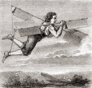 Rzekomy lot francuskiego ślusarza Jacoba Besniera z pomocą samodzielnie zaprojektowanego aparatu latającego w 1678 r., z "Les Merveilles de la Science", opublikowanego ok. 1870 r. (litografia) autorstwa French School