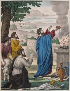 Rywalizujące ofiary Eliasza i kapłanów Baala, ilustracja z katechizmu LHistoire Sainte, wydanego przez Charlesa Delagrave, Paryż, koniec XIX wieku autorstwa French School