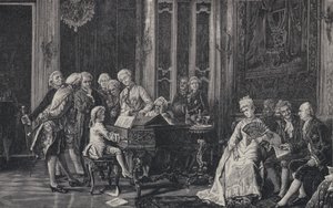 Siedmioletni Wolfgang Amadeusz Mozart grający przed królem Jerzym III w Londynie, 1764 autorstwa French School