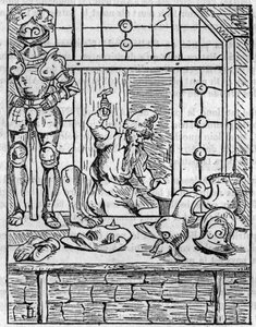 Sklep zbrojmistrza (zbrojownia) w XVI wieku. W „”Malowniczym sklepie”” 1836 autorstwa French School