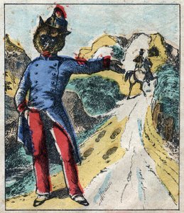 Chory lew i lis. Bajki Jean de La Fontaine (1621-95). Obrazowanie epinal z końca XIX wieku. autorstwa French School