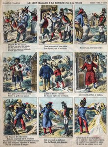 Chory lew i lis. Bajki Jean de La Fontaine (1621-95). Obrazowanie epinal z końca XIX wieku. autorstwa French School