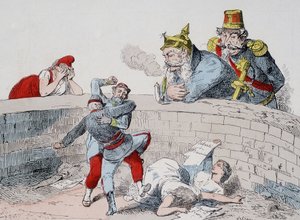 Sytuacja - Gauillaume: Musimy pomóc szalonym ludziom, Badingue (Napoleon III): Niech zrobią to mój bracie, nadejdzie czas na interwencję, kiedy oni (Paryżanie) pożrą samych siebie. Karykatura o Gminie. autorstwa French School