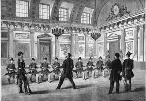 Syn Napoleona III, książę Imperial (1856-1879), ćwiczący broń z podopiecznymi gwardii, przed swoim ojcem cesarzem Napoleonem III (1808-1873), w wartowni zamku Compiegne. Grawerowanie w „”Le Monde Illustré””n°349 z 19 grudnia autorstwa French School