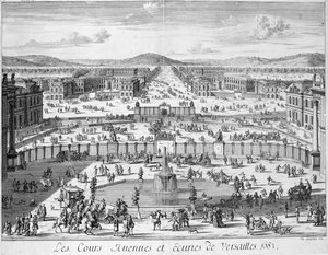 Stajnie i bramy Wersalu widziane z Pałacu, 1683 autorstwa French School