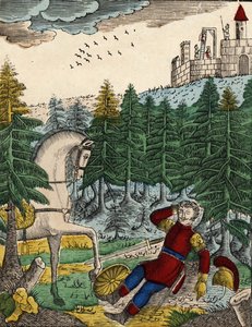 Historia czterech synów Aymona; Bayard, słysząc odgłosy żołnierzy, których Ripas miał przy sobie, by powiesić Richarda, budzi Regnaulta uderzając w jego tarczę, obraz dziewiętnastowiecznego kręgosłupa. autorstwa French School