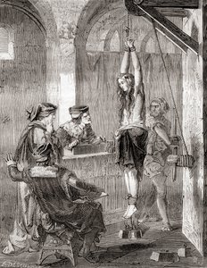 Torturowanie kobiety oskarżonej o czary w średniowieczu, z Les Merveilles de la Science, opublikowanej ok. 1870 (lito) autorstwa French School