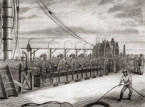 Transatlantyckie urządzenie do rozwijania kabli telegraficznych na pokładzie SS Great Eastern autorstwa French School
