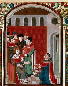 Tłumacz Jan de Meung (lub Clopinel lub Chopinel) (1240-1305) przekazuje swoje dzieło królowi Filipowi IV Pięknemu (1268-1314). Miniatura zaczerpnięta z „”De Consolatione Philosophiae”” przez łacińskiego filozofa Boece (Boetius) (475-520), przekład Jean d autorstwa French School