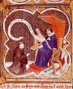 Tłumacz ofiarowuje swoją książkę królowi Karolowi V (1338-1380) Miniatura zaczerpnięta z „Le livre des proprietes des chooses” (De proprietatibus rerum) Barthelemy