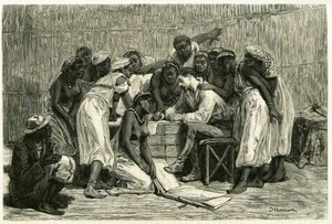 Wizyta królowych, szesnastu żon króla Seppopo, w loży doktora Holuba. Grawer D.Maillarda, ilustrujący historię „Au pays des Marutses””, w latach 1875-1879, autorstwa dr. Emile Holuba (1847-1902). Opublikowane w Tour du monde, 2. semestr 1883, pod red. autorstwa French School